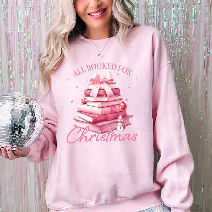 All Booked For Christmas Coquette Reading Teacher Winter Santa Xmas Holiday Sweatshirt