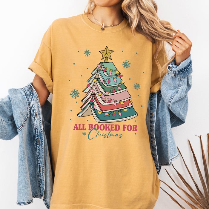 All Booked For Christmas Reading Teacher Winter Santa Xmas Holiday Edition Comfort Colors Tee
