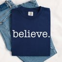 Medium Navy Believe Christmas Minimalist Holiday Santa Xmas Snow Winter Cozy Comfort Colors Tee