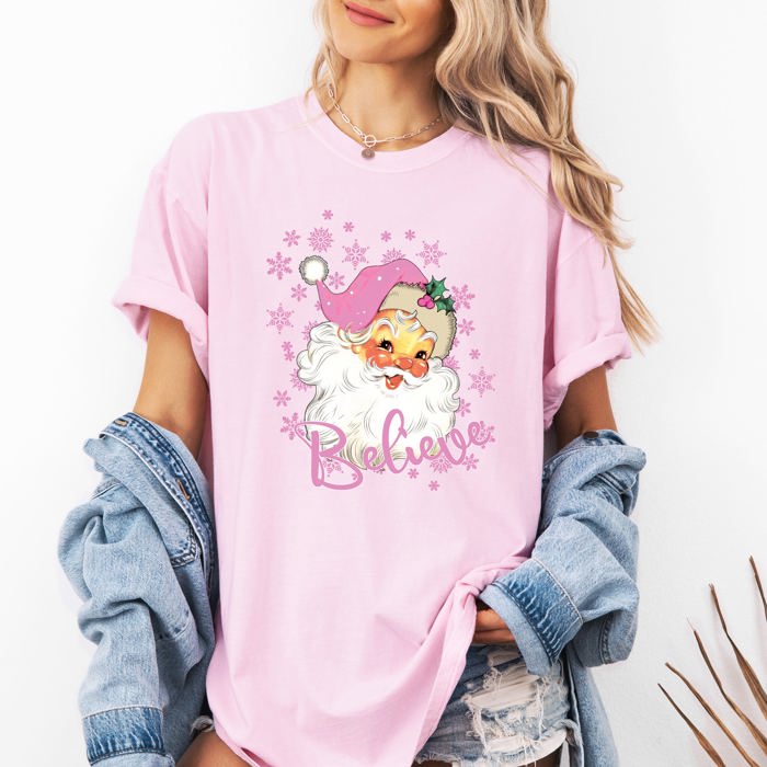 Believe Santa Snowflakes Christmas Winter Holiday Joy And Peace Cozy Vintage Inspired Comfort Colors Tee
