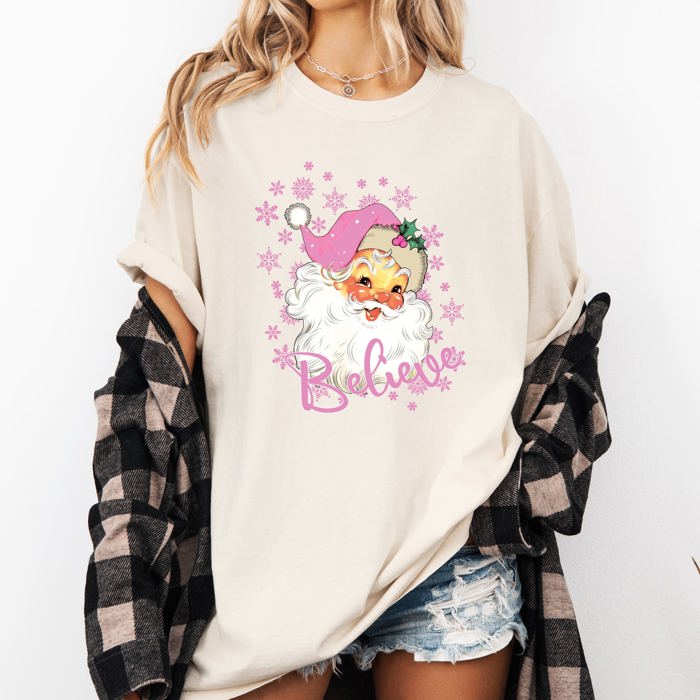 Believe Santa Snowflakes Christmas Winter Holiday Joy And Peace Cozy Vintage Inspired Comfort Colors Tee