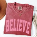 Medium Crimson Red Believe Varsity Collegiate Christmas Santa Winter Xmas Classic Comfort Colors Tee