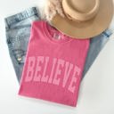 XL Crunchberry Pink Believe Varsity Collegiate Christmas Santa Winter Xmas Classic Comfort Colors Tee