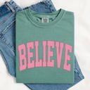 XXL Light Green Believe Varsity Collegiate Christmas Santa Winter Xmas Classic Comfort Colors Tee