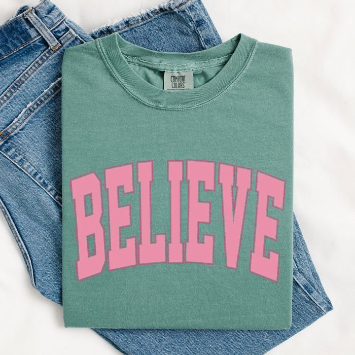 Believe Varsity Collegiate Christmas Santa Winter Xmas Classic Comfort Colors Tee