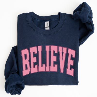 Believe Varsity Collegiate Christmas Santa Winter Xmas Festive Holiday Cheer Sweatshirt