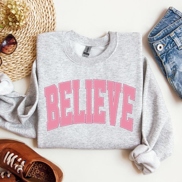 Believe Varsity Collegiate Christmas Santa Winter Xmas Festive Holiday Cheer Sweatshirt