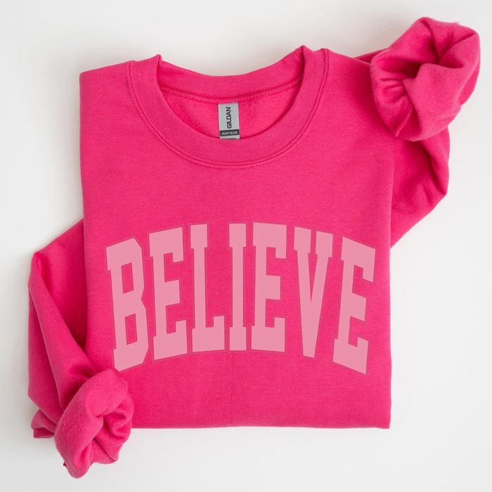 Believe Varsity Collegiate Christmas Santa Winter Xmas Festive Holiday Cheer Sweatshirt