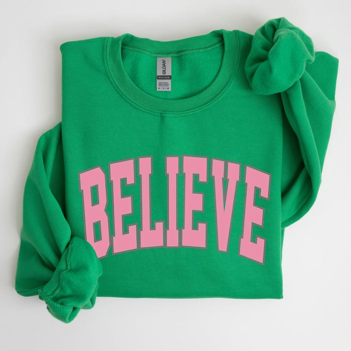 Believe Varsity Collegiate Christmas Santa Winter Xmas Festive Holiday Cheer Sweatshirt
