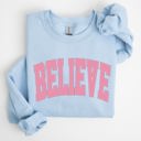 Medium Light Blue Believe Varsity Collegiate Christmas Santa Winter Xmas Festive Holiday Cheer Sweatshirt