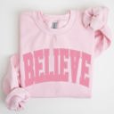XXL Light Pink Believe Varsity Collegiate Christmas Santa Winter Xmas Festive Holiday Cheer Sweatshirt
