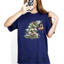 Medium Navy Cat Christmas Tree Naughty Santa Snow Xmas Winter Holiday Season Comfort Colors Tee