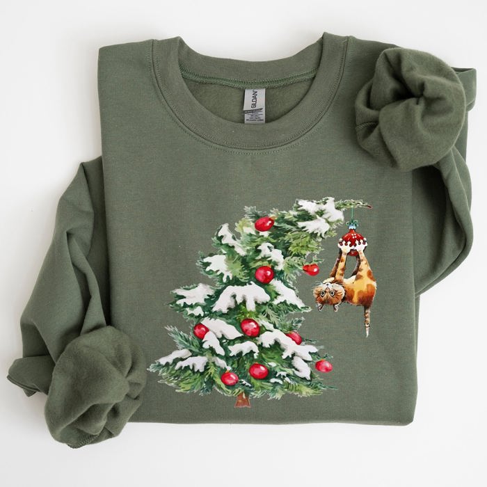 Cat Christmas Tree Funny Naughty Winter Santa Snow Xmas Cozy Holiday Festive Sweatshirt