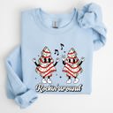XL Light Blue Rockin Around Christmas Carols Santa Snow Winter Xmas Festive Pocket Sweatshirt Cozy Holiday Seasonal Illustrated