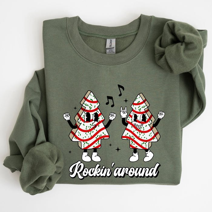 Rockin Around Christmas Carols Santa Snow Winter Xmas Festive Pocket Sweatshirt Cozy Holiday Seasonal Illustrated
