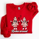 Small Red Rockin Around Christmas Carols Santa Snow Winter Xmas Festive Pocket Sweatshirt Cozy Holiday Seasonal Illustrated