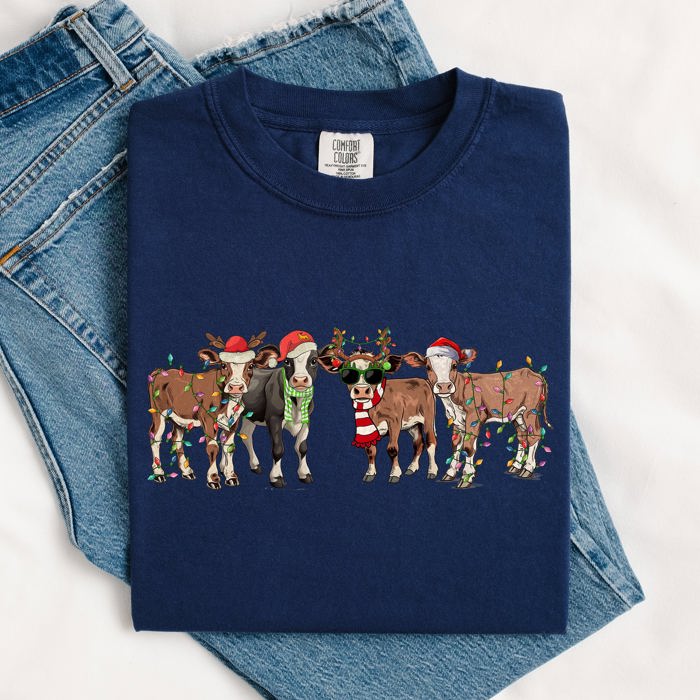 Christmas Calves Cow Lovers Santa Farm Life Winter Snow Xmas Animals Comfort Colors Tee