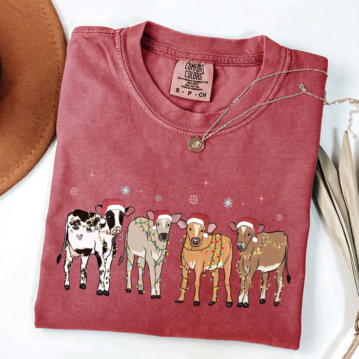 Christmas Calves Holstein Santa Farm Life Winter Snow Xmas Cozy Holiday Edition Comfort Colors Tee
