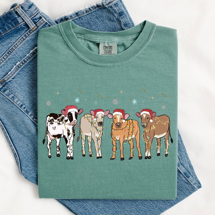 Christmas Calves Holstein Santa Farm Life Winter Snow Xmas Cozy Holiday Edition Comfort Colors Tee