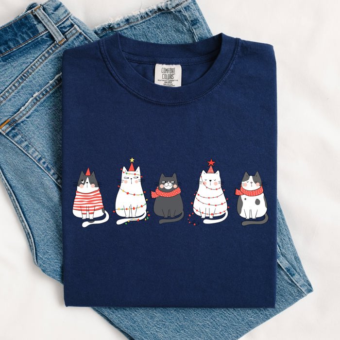 Christmas Cats Kitties Cat Lovers Santa Winter Snow Xmas Edition Comfort Colors Tee