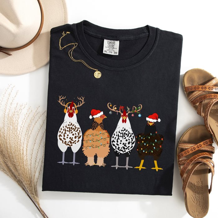 Christmas Chickens In A Row Chicken Lovers Santa Farm Life Winter Snow Xmas Comfort Colors Tee