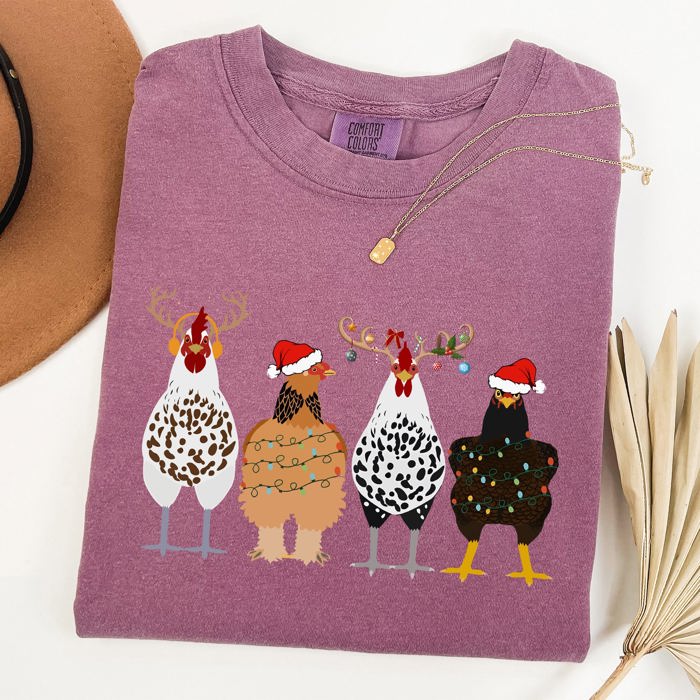 Christmas Chickens In A Row Chicken Lovers Santa Farm Life Winter Snow Xmas Comfort Colors Tee
