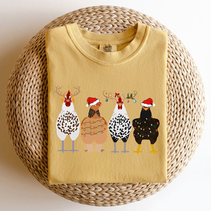 Christmas Chickens In A Row Chicken Lovers Santa Farm Life Winter Snow Xmas Comfort Colors Tee