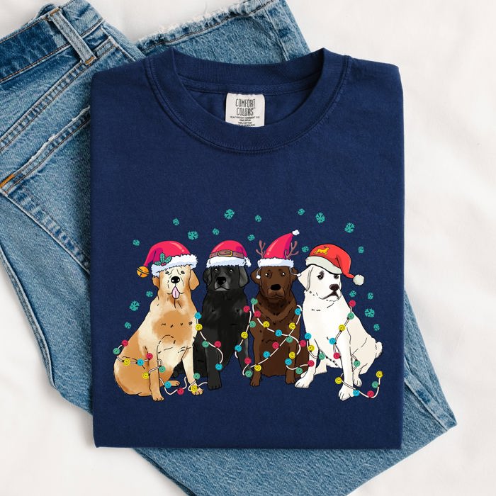 Christmas Dogs Puppies Dog Lovers Santa Claus Winter Snow Holiday Theme Comfort Colors Tee