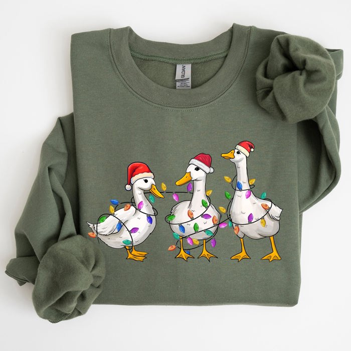 Christmas Ducks And Santa With Playful Farm Animals On A Cozy Winter Snow Scene Full Graphic Illustration Sweatshirt