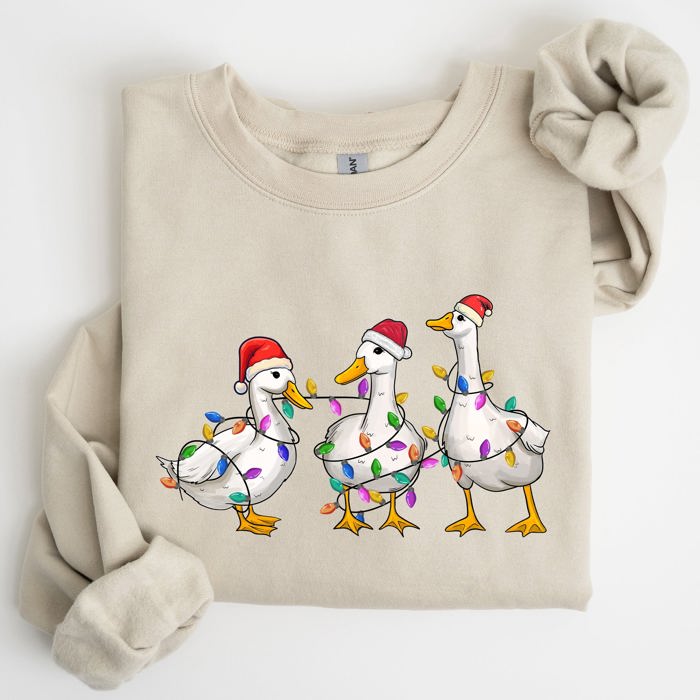 Christmas Ducks And Santa With Playful Farm Animals On A Cozy Winter Snow Scene Full Graphic Illustration Sweatshirt