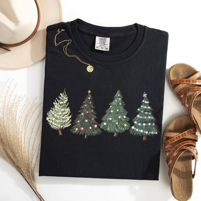 Classic Christmas Trees Winter Snow Santa Holiday Scene Cozy Timeless Festive Vintage Charm Comfort Colors Tee