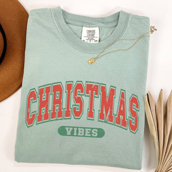 Christmas Vibes Retro Varsity Santa Snow Xmas Holiday Spirit Edition Comfort Colors Tee