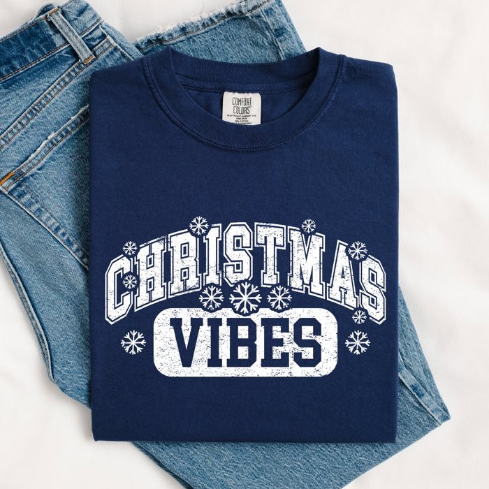 Christmas Vibes Snowflakes Retro Varsity Santa Snow Xmas Holiday Edition Vintage Style Comfort Colors Tee