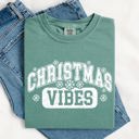 Small Light Green Christmas Vibes Snowflakes Retro Varsity Santa Snow Xmas Holiday Edition Vintage Style Comfort Colors Tee