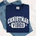 XL Navy Christmas Vibes Snowflakes Retro Varsity Santa Snow Xmas Holiday Edition Vintage Style Comfort Colors Tee