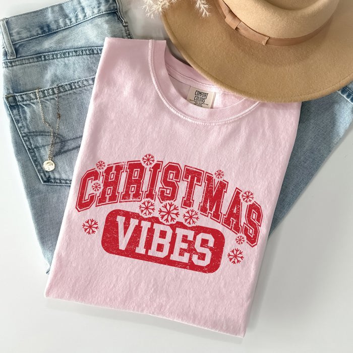Christmas Vibes Snowflakes Retro Varsity Santa Snow Xmas Holiday Edition Vintage Style Comfort Colors Tee