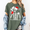 Large Moss Dark Green Coffee Lover Santa Skeleton Christmas Snow Winter Holiday Scene Comfort Colors Tee