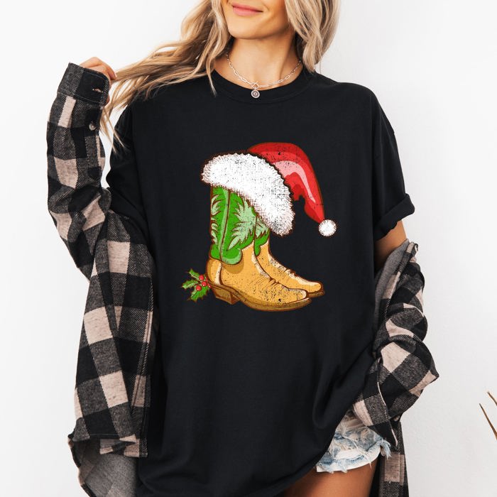 Cowboy Boots Christmas Santa Country Western Xmas Holiday Edition Comfort Colors Tee