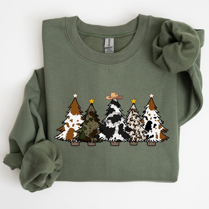 Cowboy Christmas Trees Winter Snow Santa Holiday Ranch Scene With Frosty Pines And Rustic Lodge Details Sweatshirt