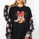XXL Black Cowgirl Boots Cowboy Bows Mistletoe Christmas Santa Country Western Xmas Comfort Colors Tee