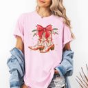 XL Blossom Light Pink Cowgirl Boots Cowboy Bows Mistletoe Christmas Santa Country Western Xmas Comfort Colors Tee