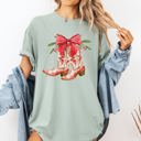 Medium Bay Light Sage Cowgirl Boots Cowboy Bows Mistletoe Christmas Santa Country Western Xmas Comfort Colors Tee