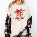 Medium Ivory Cream Cowgirl Boots Cowboy Bows Mistletoe Christmas Santa Country Western Xmas Comfort Colors Tee