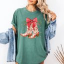 Medium Light Green Cowgirl Boots Cowboy Bows Mistletoe Christmas Santa Country Western Xmas Comfort Colors Tee