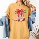 XXL Mustard Cowgirl Boots Cowboy Bows Mistletoe Christmas Santa Country Western Xmas Comfort Colors Tee
