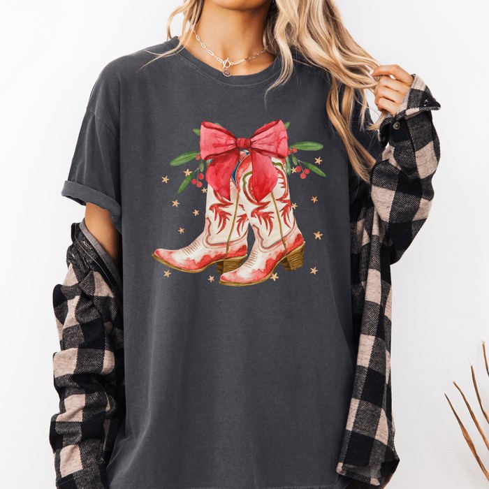 Cowgirl Boots Cowboy Bows Mistletoe Christmas Santa Country Western Xmas Comfort Colors Tee