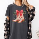 Small Pepper Dark Gray Cowgirl Boots Cowboy Bows Mistletoe Christmas Santa Country Western Xmas Comfort Colors Tee