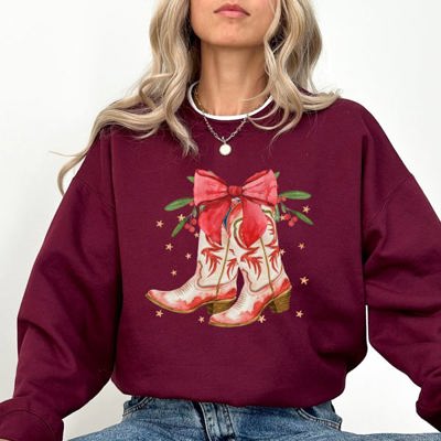 Cowgirl Boots Cowboy Bows Mistletoe Christmas Santa Country Western Style Sweatshirt