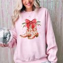 Medium Light Pink Cowgirl Boots Cowboy Bows Mistletoe Christmas Santa Country Western Style Sweatshirt
