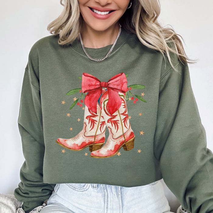 Cowgirl Boots Cowboy Bows Mistletoe Christmas Santa Country Western Style Sweatshirt